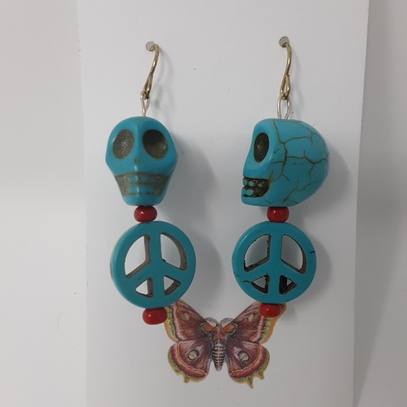Handmade Skull & Peace Earrings Repurposed Beads ♻ - Picture 4 of 8